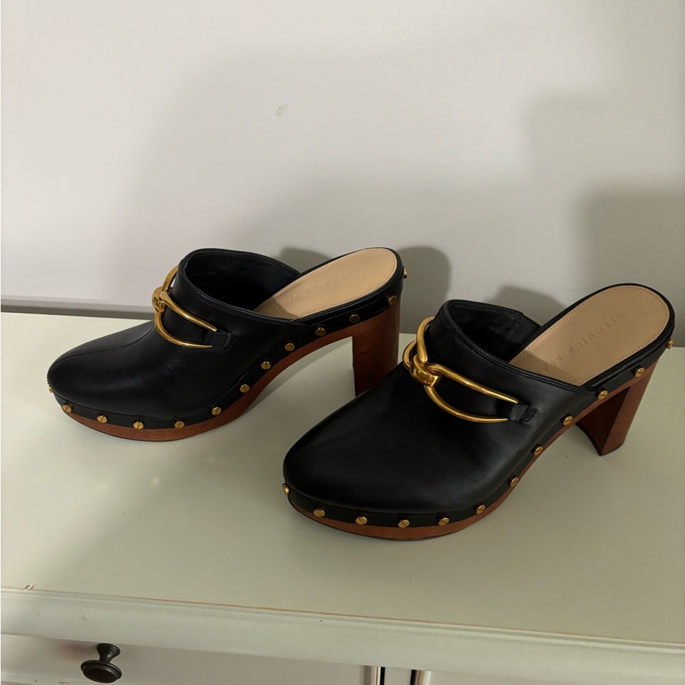 Veronica Beard Black Leather Studded Clogs - Picture 7 of 9